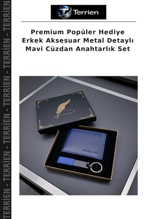 Premium Popüler Hediye Erkek Aksesuar Metal Detaylı Mavi Cüzdan Anahtarlık Set