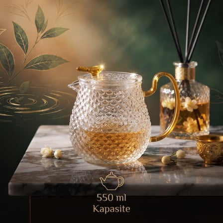 Çay Keyfi Estetik Tasarım Günlük Kullanım Isıya Dayanıklı Altın Sarısı Kulplu Cam Demlik 550 ml