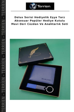 Delux Serisi Hediyelik Eşya Tarz Aksesuar Popüler Hediye Kutulu Mavi Deri Cüzdan Ve Anahtarlık Seti