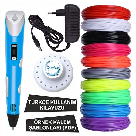 Mavi Renk 3D Kalem + 25 Renk Toplam 50 Metre Pla Filament + Şablon