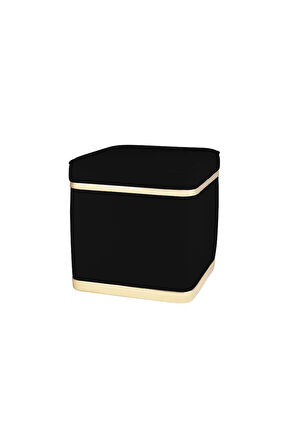 Zengo Gold Twin Line Kare Puf - Siyah Kumaş, Dekoratif Makyaj Masası Pufu