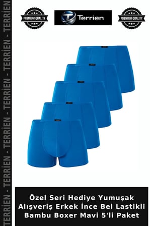 Özel Seri Hediye Yumuşak Alışveriş Erkek İnce Bel Lastikli Bambu Boxer Mavi 5'li Paket