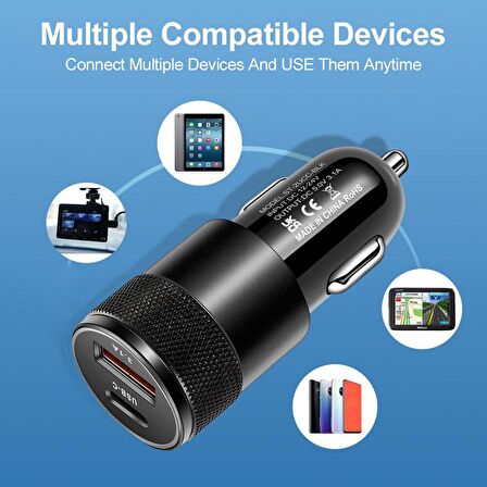 i Phone ve Android Uyumlu Type-c Ve Usb Girişli Araç Çakmaklık Hızlı Şarj Aleti