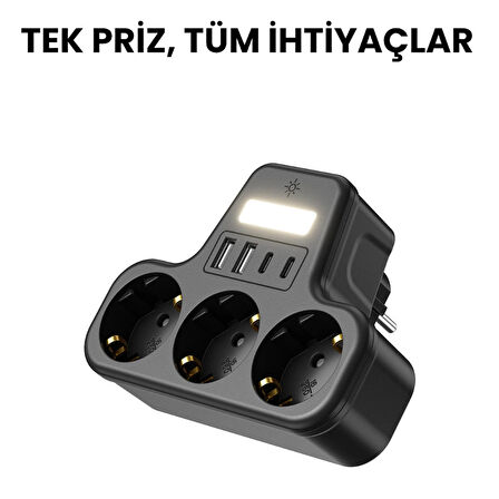 3’lü Duvar Tipi Akım Korumalı Priz | 2 USB-A + 2 Type-C Girişli | LED Gece Lambalı Akıllı Çoklu Priz