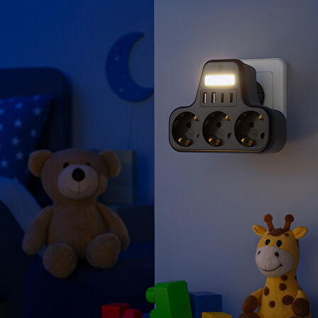 3’lü Duvar Tipi Akım Korumalı Priz | 2 USB-A + 2 Type-C Girişli | LED Gece Lambalı Akıllı Çoklu Priz