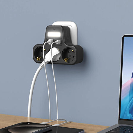 3’lü Duvar Tipi Akım Korumalı Priz | 2 USB-A + 2 Type-C Girişli | LED Gece Lambalı Akıllı Çoklu Priz