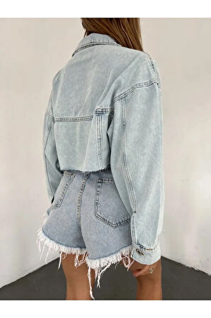 Kadın Çift Cepli Yıkamalı Crop Denim Kot Ceket