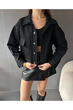 ÇİFT CEPLİ BELİNDE DÜĞME DETAYLI KOT CEKET