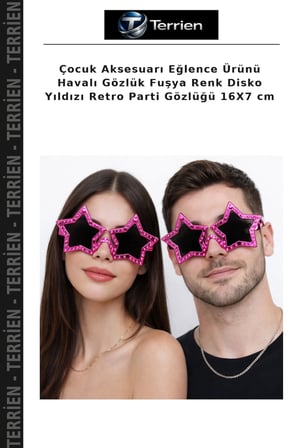 Çocuk Aksesuarı Eğlence Ürünü Havalı Gözlük Fuşya Renk Disko Yıldızı Retro Parti Gözlüğü 16X7 cm