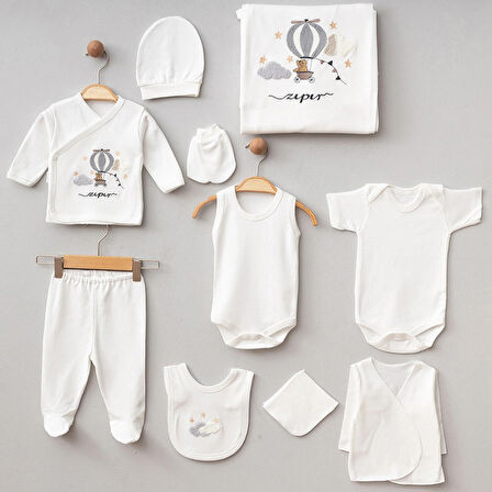 ORGANİK 0-3 AY BEBEK BALONLU SÜZENE NAKIŞLI 10 LU HASTANE ÇIKIŞ ZIBIN SETİ