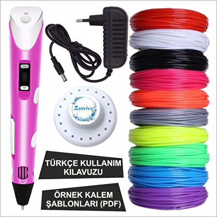 Pembe Renk 3D Kalem + 25 Renk Toplam 25 Metre Pla Filament + Şablon