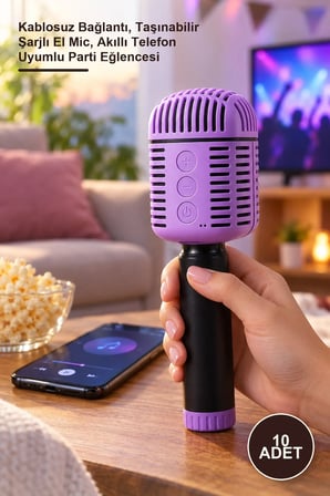 10 Adet Kablosuz Hoparlörlü Karaoke Mikrofonu – Kablosuz Bağlantı, Taşınabilir Şarjlı El Mic, Akıllı Telefon Uyumlu Parti Eğlencesi