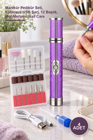 4 Adet Şarjlı Tırnak Bakım Cihazı – Manikür Pedikür Seti, Kablosuz USB Şarj, 12 Başlık, Mor Mermer, Nail Care