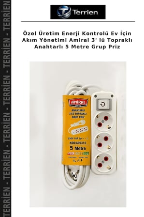 Özel Üretim Enerji Kontrolü Ev İçin Akım Yönetimi Amiral 3' lü Topraklı Anahtarlı 5 Metre Grup Priz