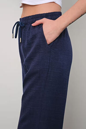 KADIN LACİVERT KETEN KARIŞIMI SALAŞ PANTOLON BOL KESİM RAHAT KALIP BEL LASTİKLİ STİL KESİM