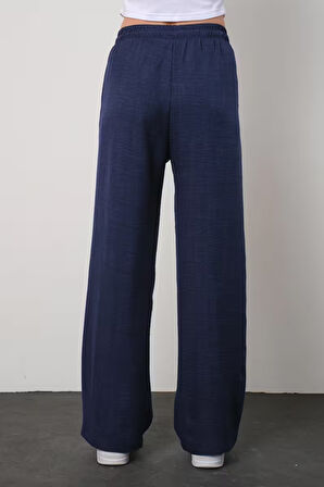 KADIN LACİVERT KETEN KARIŞIMI SALAŞ PANTOLON BOL KESİM RAHAT KALIP BEL LASTİKLİ STİL KESİM