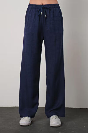 KADIN LACİVERT KETEN KARIŞIMI SALAŞ PANTOLON BOL KESİM RAHAT KALIP BEL LASTİKLİ STİL KESİM