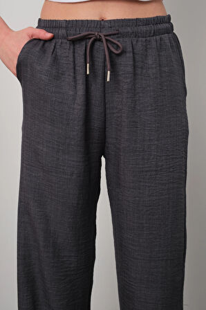 KADIN ANTRASİT KETEN KARIŞIMI SALAŞ PANTOLON BOL KESİM RAHAT KALIP BEL LASTİKLİ STİL KESİM