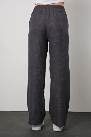 KADIN ANTRASİT KETEN KARIŞIMI SALAŞ PANTOLON BOL KESİM RAHAT KALIP BEL LASTİKLİ STİL KESİM