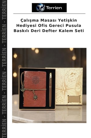 Çalışma Masası Yetişkin Hediyesi Ofis Gereci Pusula Baskılı Deri Defter Kalem Seti