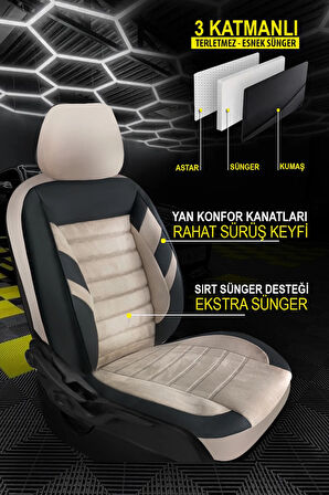 Lancia Voyager  Uyumlu 5 KOLTUK TAM SET ZEBRA SERİSİ TAM SET TAY TÜYÜ OTO KOLTUK KILIFI BEJ-SİYAH
