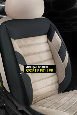 Lancia Voyager  Uyumlu 5 KOLTUK TAM SET ZEBRA SERİSİ TAM SET TAY TÜYÜ OTO KOLTUK KILIFI BEJ-SİYAH
