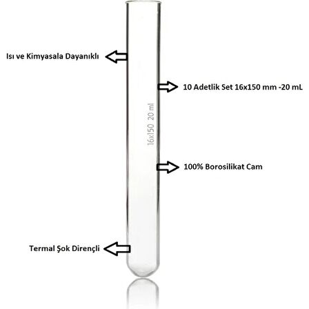 Cam Deney Tüpü 16X150 mm - 10 Adetlik Set - 100% Borosilikat - Isıya Dayanıklı - 20ML