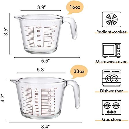 Kulplu Cam Beher 1000ml - Dayanıklı Cam - Birden Fazla Ölçüm Taksimatı İçerir (ml,dL,OZ,cup)