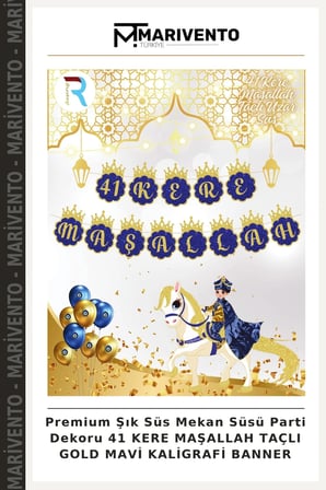 Premium Şık Süs Mekan Süsü Parti Dekoru 41 KERE MAŞALLAH TAÇLI GOLD MAVİ KALİGRAFİ BANNER