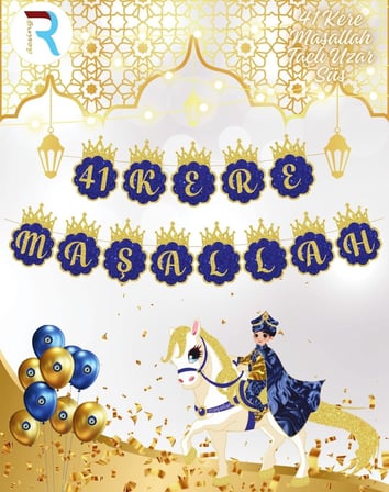 Premium Şık Süs Mekan Süsü Parti Dekoru 41 KERE MAŞALLAH TAÇLI GOLD MAVİ KALİGRAFİ BANNER