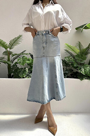 Kadın Kloş Maxi Boy Uzun Denim Etek