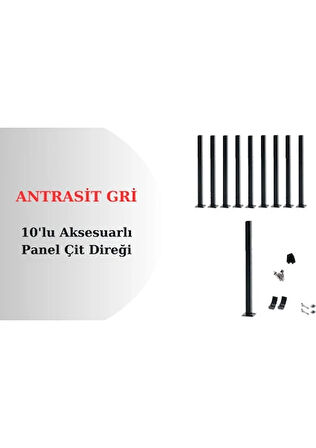 50 cm Panel Çit Direği Antrasit Gri Aksesuarlı (10 Adet)