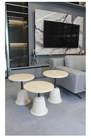 Milano Zigon Sehpa Traverten Mdf (Komple Krem) - Zigon Sehpa 3'lü