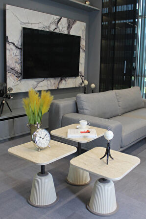 Venedik Zigon Sehpa Traverten Mdf - Zigon Sehpa 3'lü