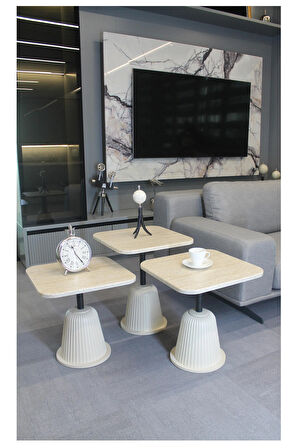 Venedik Zigon Sehpa Traverten Mdf (Komple Krem) - Zigon Sehpa 3'lü