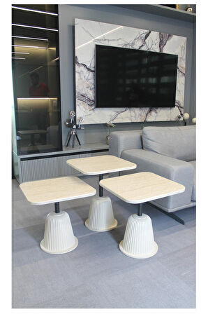 Venedik Zigon Sehpa Traverten Mdf (Komple Krem) - Zigon Sehpa 3'lü