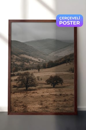 Vintage Duvar Tablosu, Sisli Vadi ve Tepeler Kahverengi Çerçeveli No: 20094