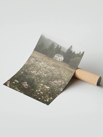 Vintage Duvar Posteri, Çiçek Tarlasında Kır Evi Poster No: 20098