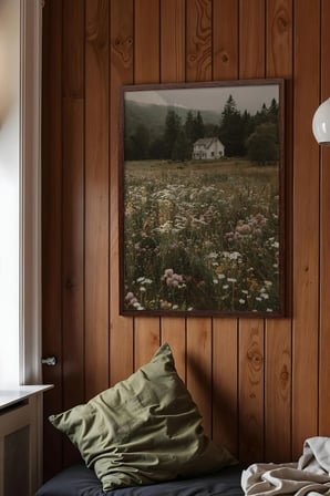 Vintage Duvar Tablosu, Çiçek Tarlasında Kır Evi Kahverengi Çerçeveli No: 20098