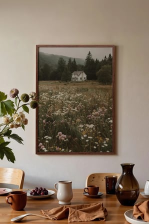 Vintage Duvar Tablosu, Çiçek Tarlasında Kır Evi Kahverengi Çerçeveli No: 20098
