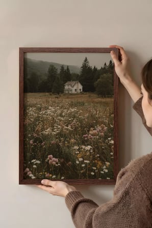 Vintage Duvar Tablosu, Çiçek Tarlasında Kır Evi Kahverengi Çerçeveli No: 20098
