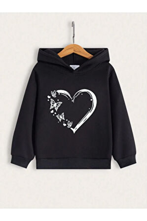 Kız Çocuk Siyah Kalpli Kelebekler Kalp Baskılı Sweatshirt