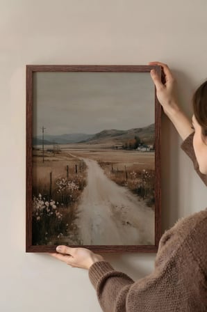Vintage Duvar Tablosu, Dağ Yolunda Sessiz Vadi Kahverengi Çerçeveli No: 20101
