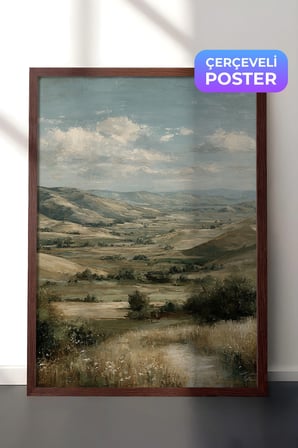 Vintage Duvar Tablosu, Panoramik Vadi Görünümü Kahverengi Çerçeveli No: 20103