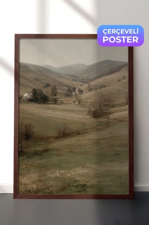 Vintage Duvar Tablosu, Dağlık Ova Manzarası Kahverengi Çerçeveli No: 20105