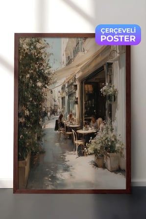 Vintage Duvar Tablosu, Şehir Kafe Sokağı Kahverengi Çerçeveli No: 20114