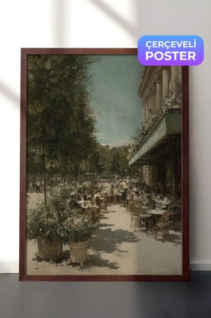 Vintage Duvar Tablosu, Açık Hava Kafe Manzarası Kahverengi Çerçeveli No: 20116