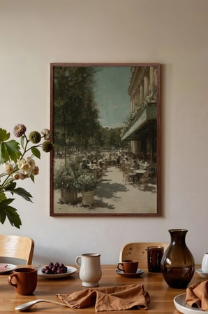 Vintage Duvar Tablosu, Açık Hava Kafe Manzarası Kahverengi Çerçeveli No: 20116