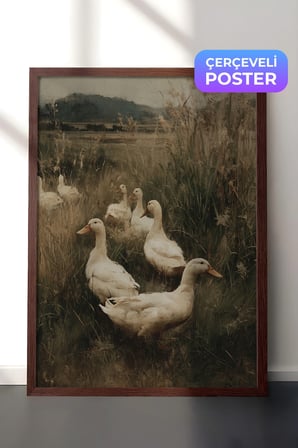 Vintage Duvar Tablosu, Doğada Yürüyen Ördekler Kahverengi Çerçeveli No: 20119