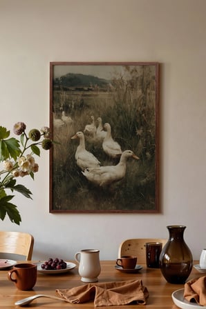 Vintage Duvar Tablosu, Doğada Yürüyen Ördekler Kahverengi Çerçeveli No: 20119
